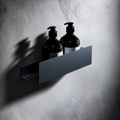 Minimalist shelf with amber pump bottles.png