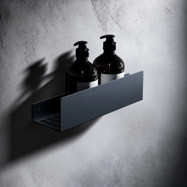 Minimalist shelf with amber pump bottles.png