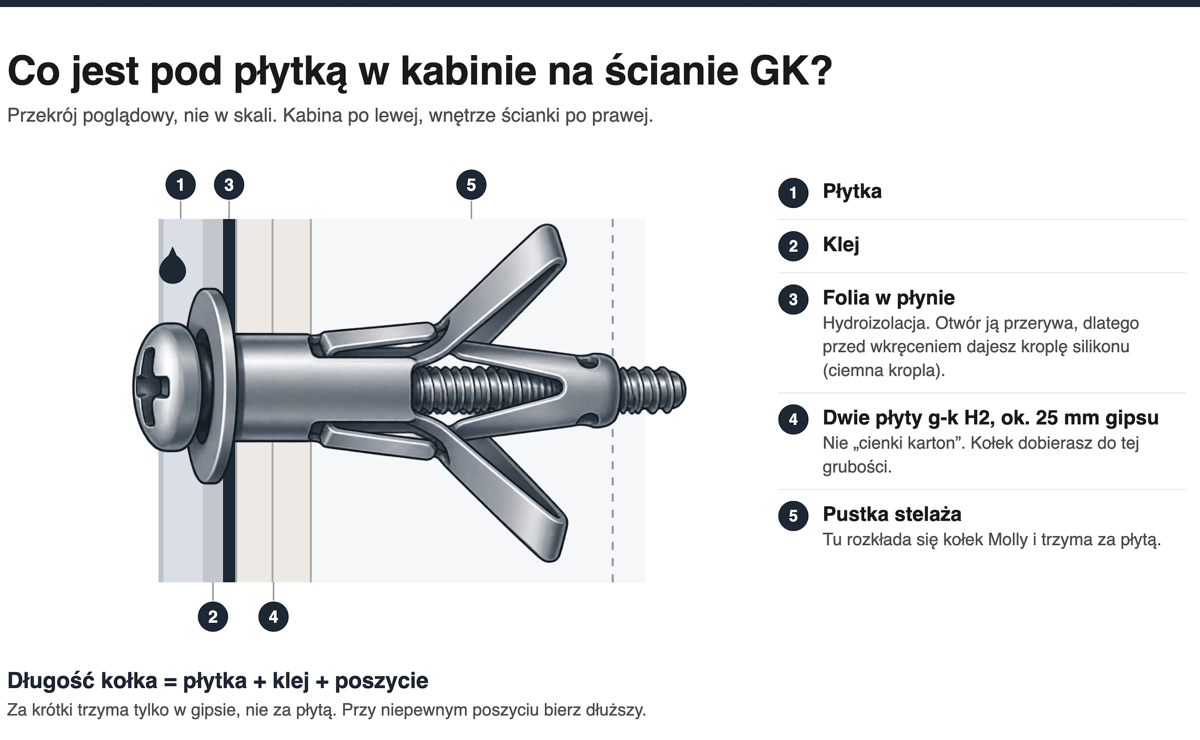 Przekrój ściany g-k w kabinie prysznicowej z kołkiem Molly: płytka, klej, folia w płynie, dwie płyty g-k H2 i pustka stelaża, w której rozkłada się kołek