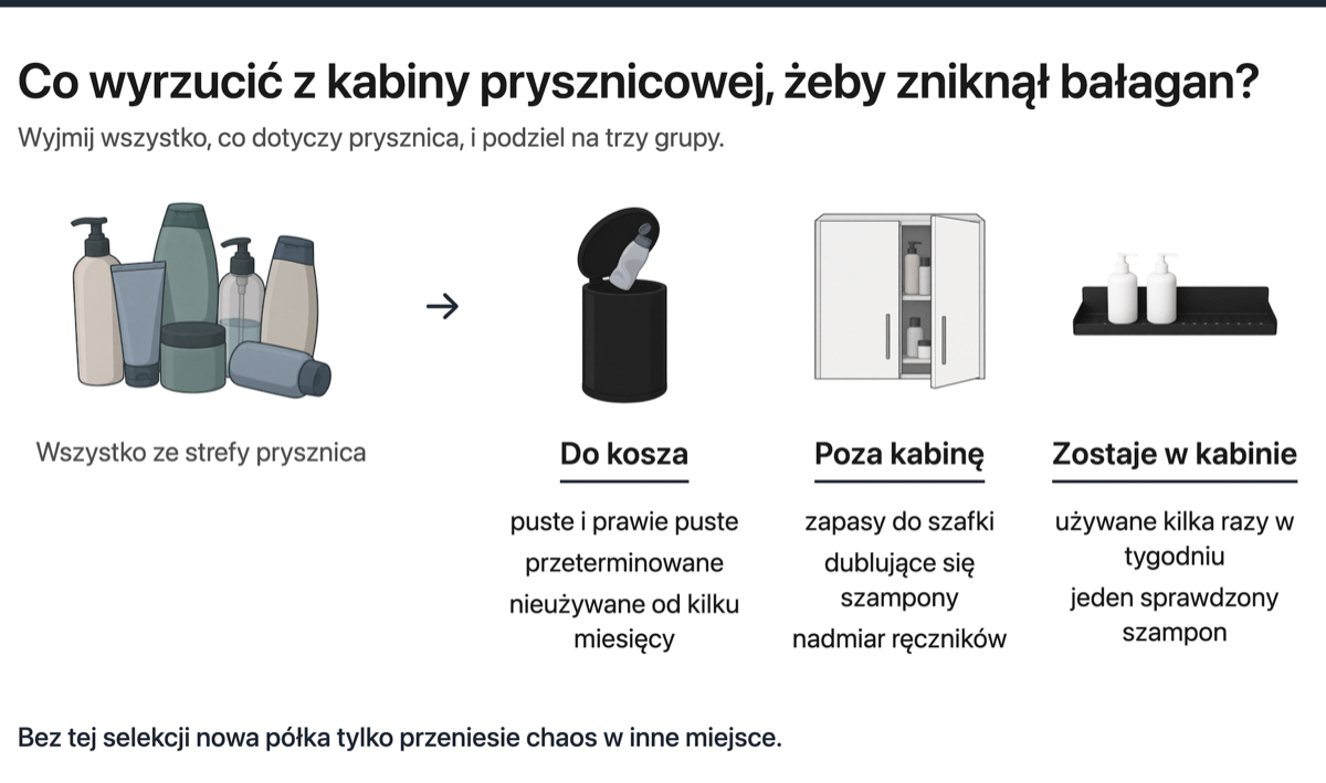 Schemat sortowania kosmetyków z prysznica na trzy grupy: do kosza trafiają puste, przeterminowane i nieużywane, poza kabinę zapasy, duplikaty i nadmiar ręczników, w kabinie zostają tylko produkty używane kilka razy w tygodniu.