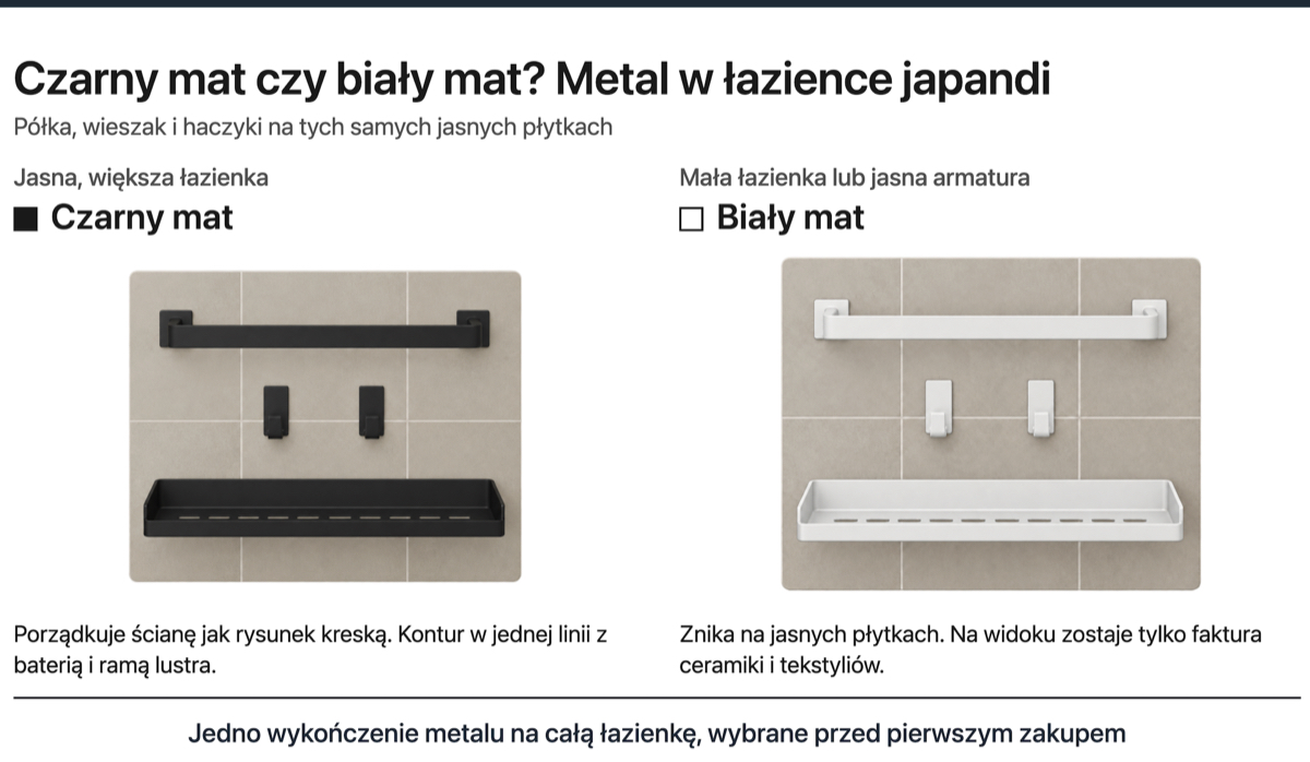 Porównanie czarnego i białego matowego metalu w łazience japandi: wieszak, haczyki i półka na jasnych płytkach, czerń porządkuje ścianę, biel zlewa się z płytkami