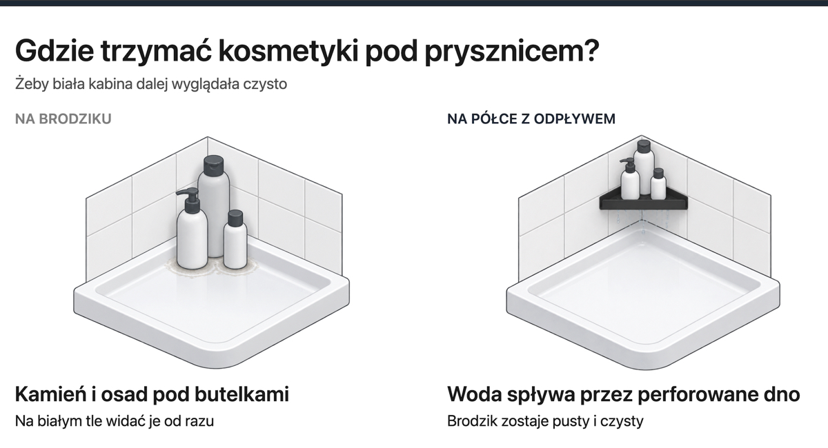 Porównanie kosmetyków stojących na brodziku, gdzie zostaje kamień i osad, oraz na półce z odpływem, przez którą woda spływa i brodzik pozostaje czysty