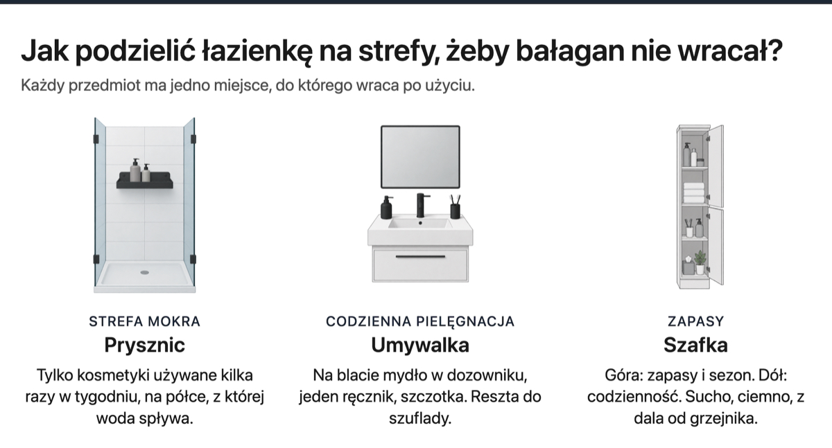 Podział łazienki na trzy strefy: prysznic z kosmetykami używanymi kilka razy w tygodniu, umywalka z mydłem, ręcznikiem i szczotką oraz szafka na zapasy, suchy i ciemny magazyn z dala od grzejnika.