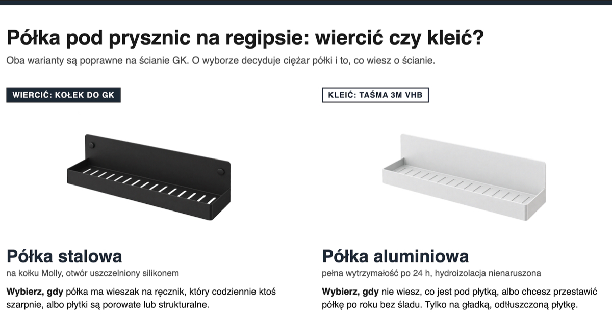 Porównanie dwóch sposobów montażu na ścianie g-k: stalowa półka na kołku Molly z uszczelnionym silikonem otworem oraz aluminiowa półka na taśmie 3M VHB, bez naruszania hydroizolacji