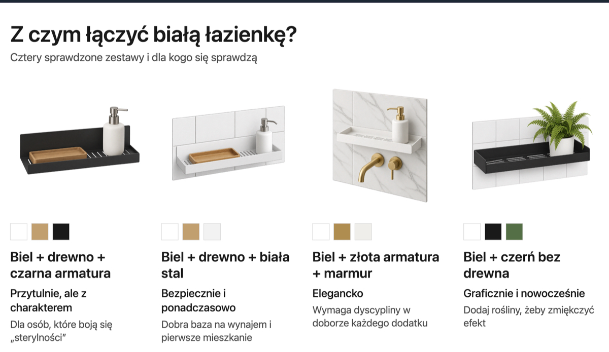 Cztery zestawy do białej łazienki: biel z drewnem i czarną armaturą, biel z drewnem i białą stalą, biel ze złotą armaturą i marmurem oraz biel z czernią bez drewna